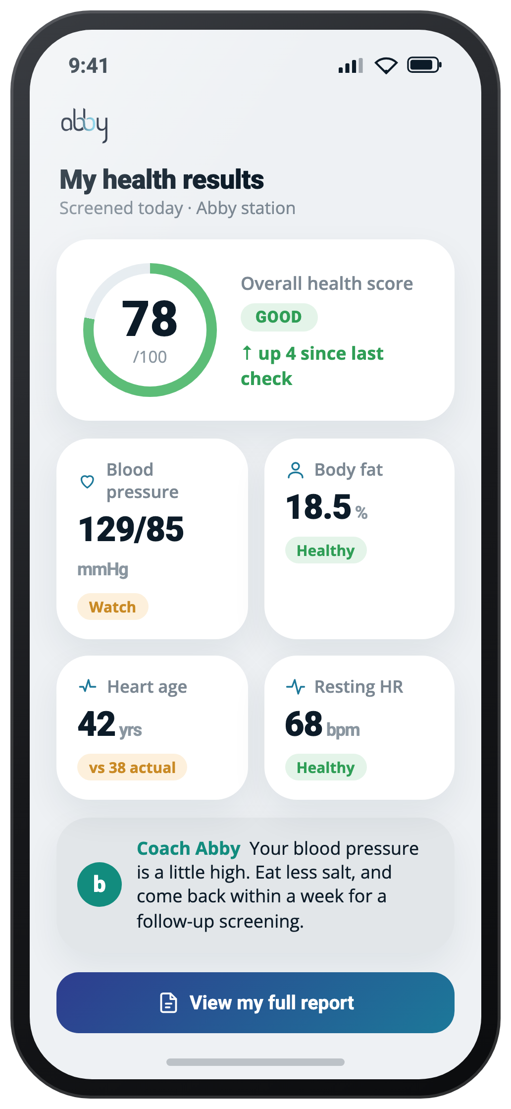Health results screen